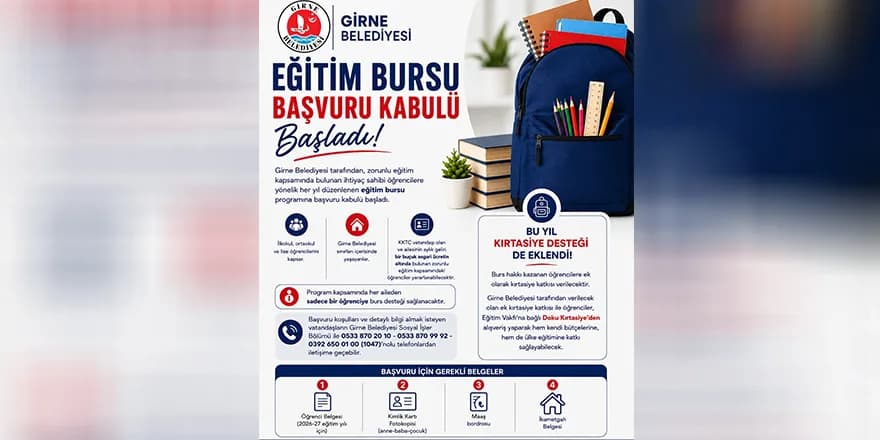 Girne Belediyesi’nin İlk ve Orta Eğitim Bursu için başvurular başladı