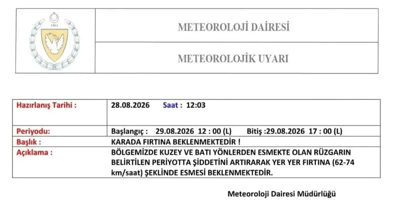 Meteoroloji Dairesinden yarın için fırtına uyarısı